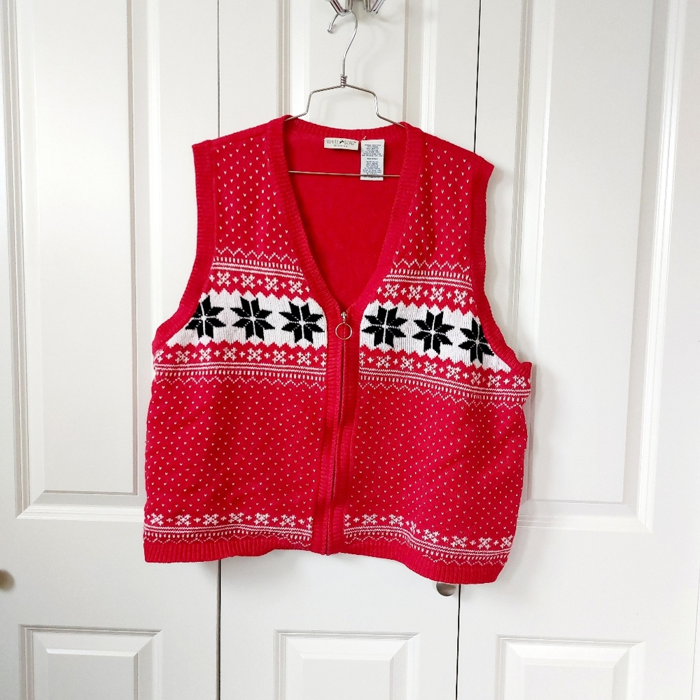 Fairisle‎ Red Christmas Sweater Vest Zip Front size 22W/24W White Stag Snowflake